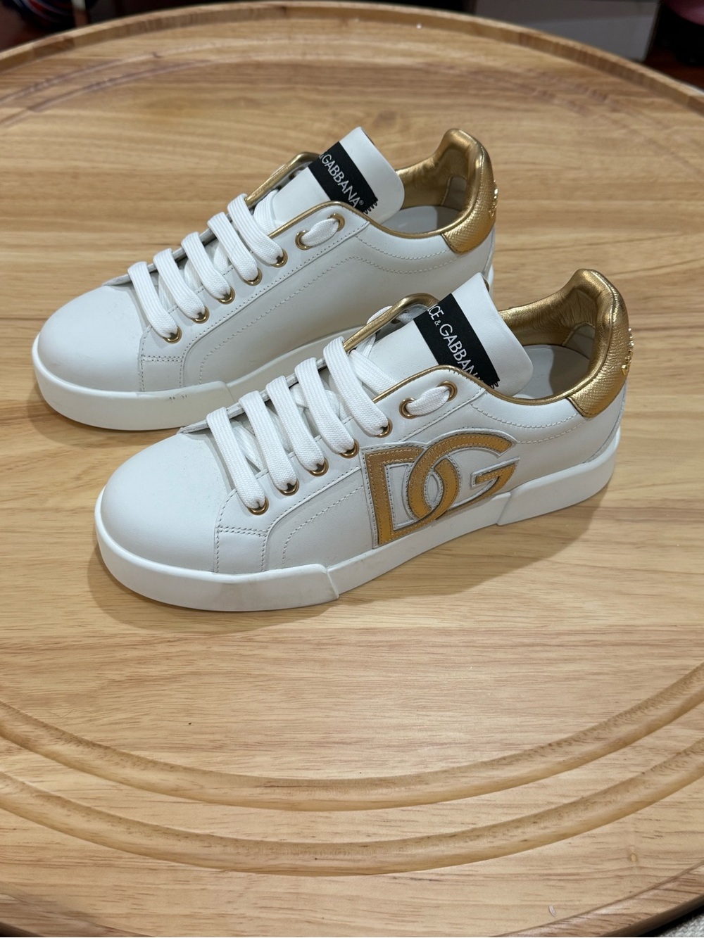 Dolce & Gabbana White and Gold Logo Low-Top Sneakers